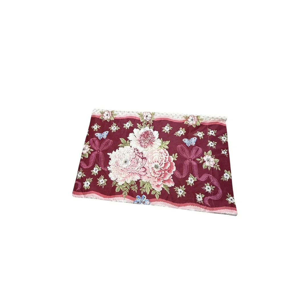 Vtg Burlington Floral Butterfly Pillowcase Burgundy Pink Cottagecore Coquette